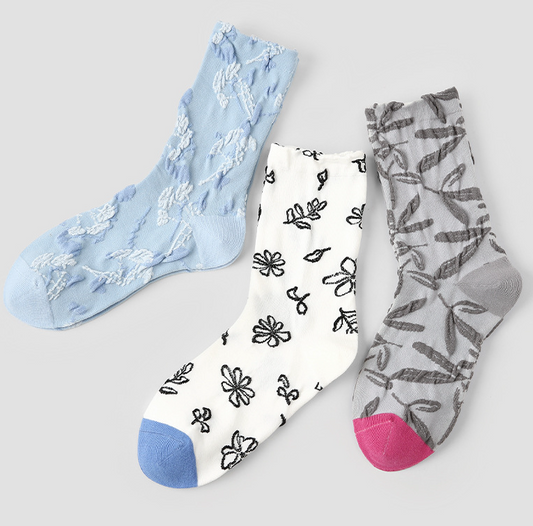 <3對裝> 女裝中筒襪 - 浮雕