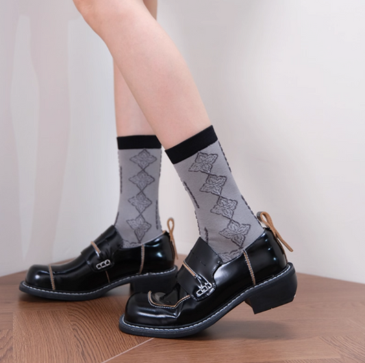 女裝中筒襪 - 灰色拼接