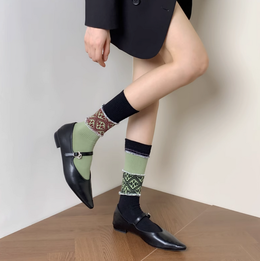 女裝中筒襪 - 撞色拼接