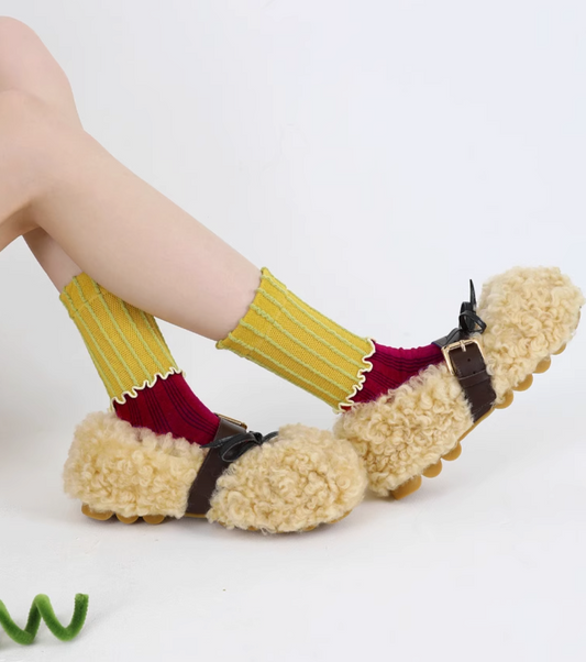 女裝中筒襪 - 拼接木耳邊/ 彩色