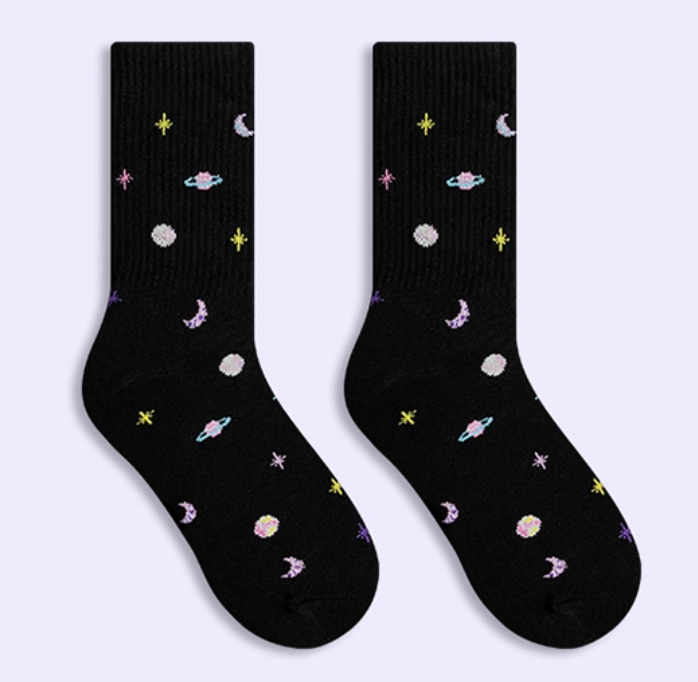 女裝中筒襪 - 星球 (50728-6) *編織花,不是繡花