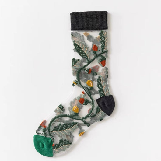 Women's Sheer Floral Socks - Flowers/Birds🌻