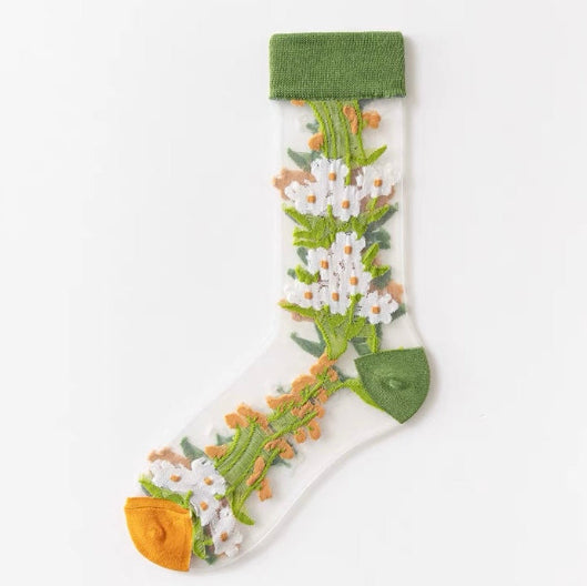 Women's Sheer Floral Socks - Flowers/Birds🌻