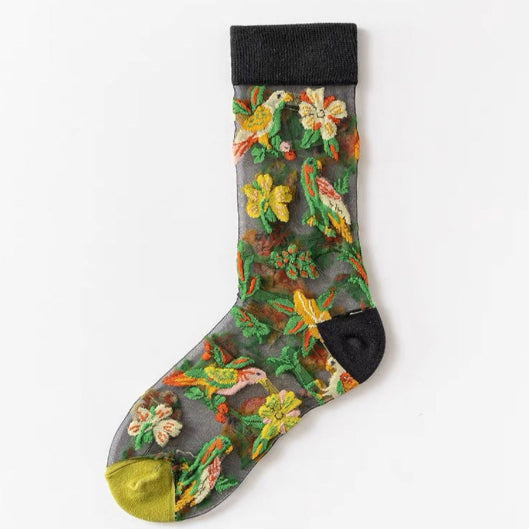 Women's Sheer Floral Socks - Flowers/Birds🌻