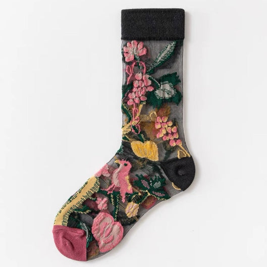 Women's Sheer Floral Socks - Flowers/Birds🌻