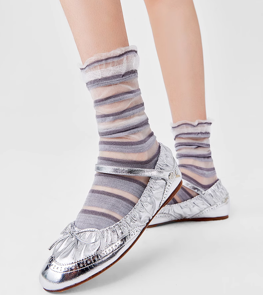 女裝中筒襪 - 橫間銀絲